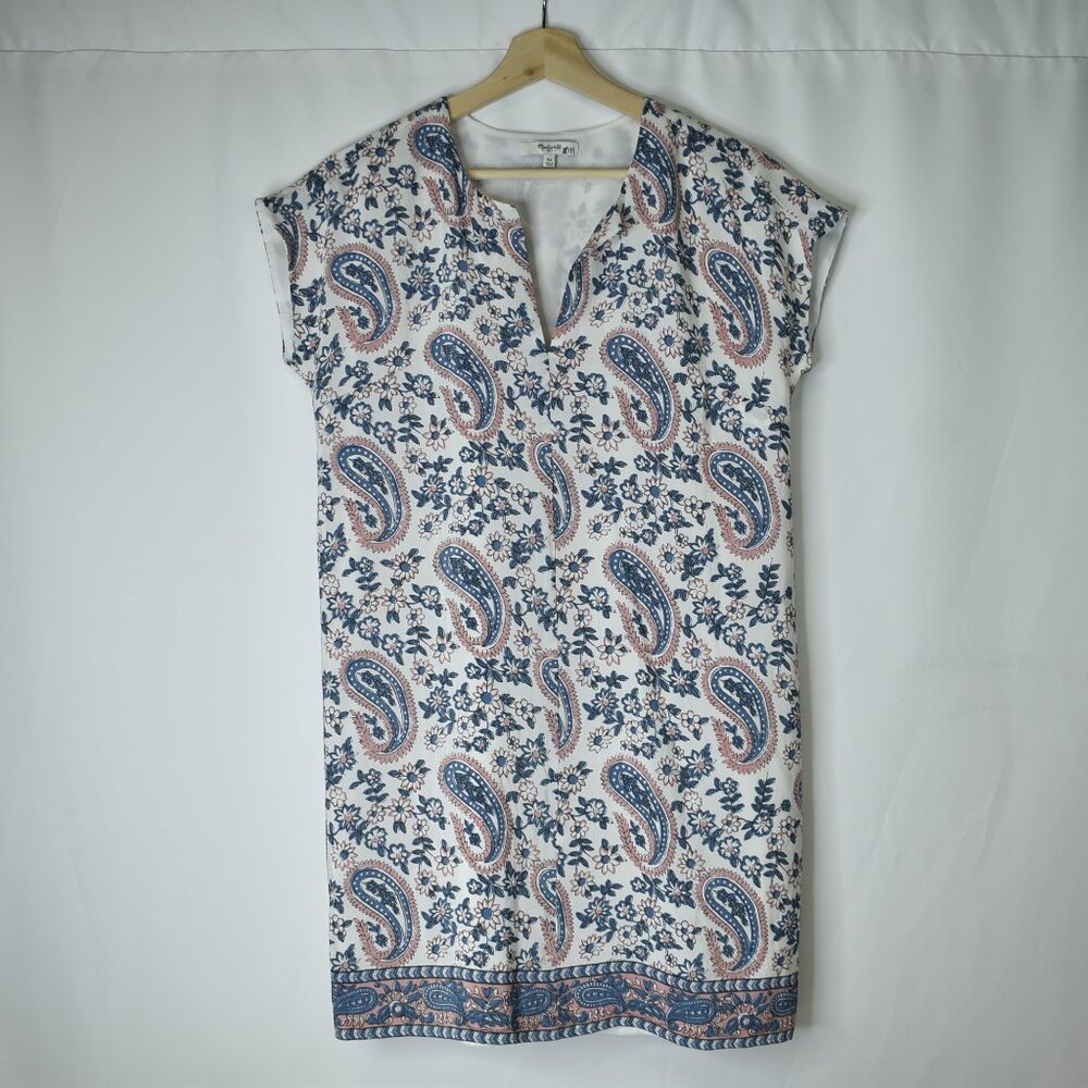 Madewell Women's Dress Silk Shift Short Sleeve V Neck Paisley Mini